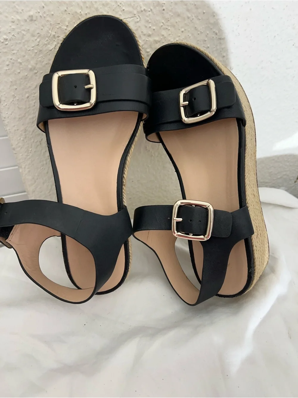 27 EDIT Black Platform Espadrille Sandals with Gold Buckles
